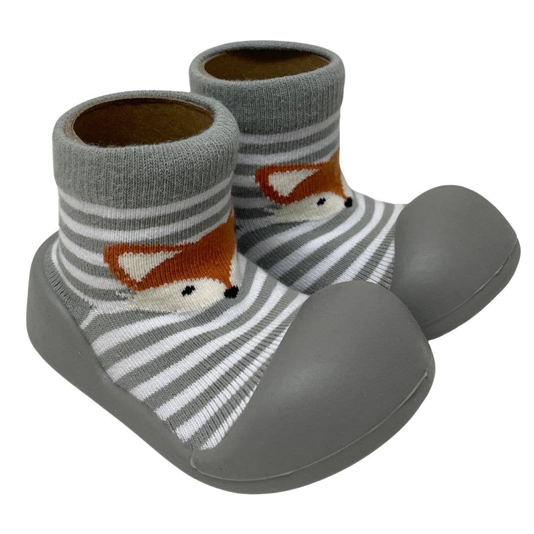 Rubber Soled Socks - Grey Stripe Fox - Tiny Tots Baby Store 