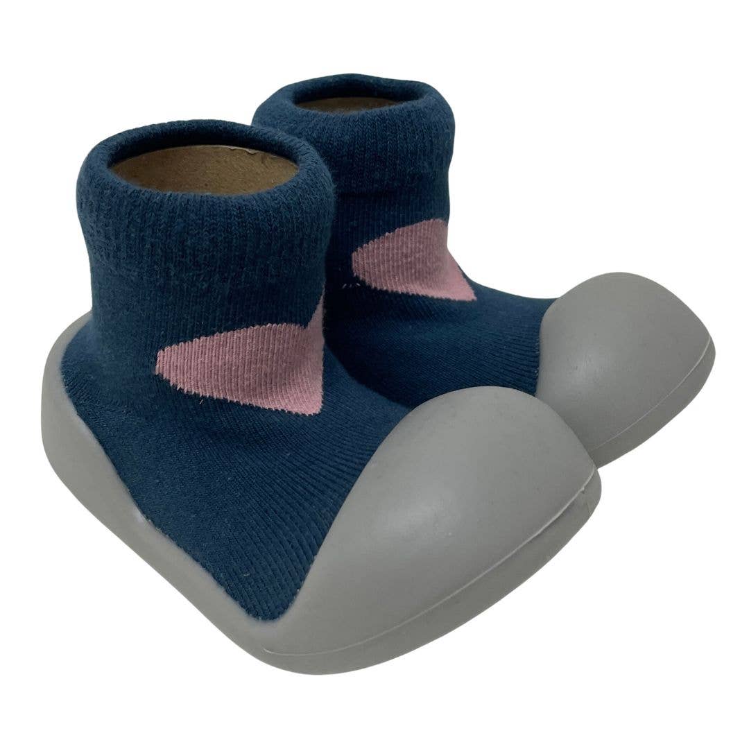 Rubber Soled Socks - Navy/Pink Heart - Tiny Tots Baby Store 