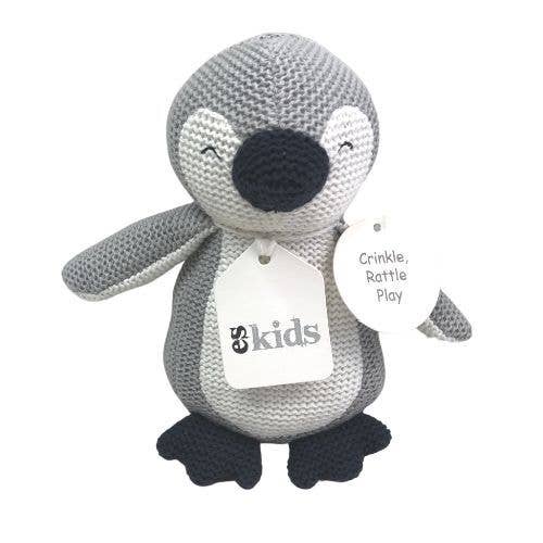 Eco Knitted Penguin Rattle/Crinkler - Grey - 16cm - Tiny Tots Baby Store 