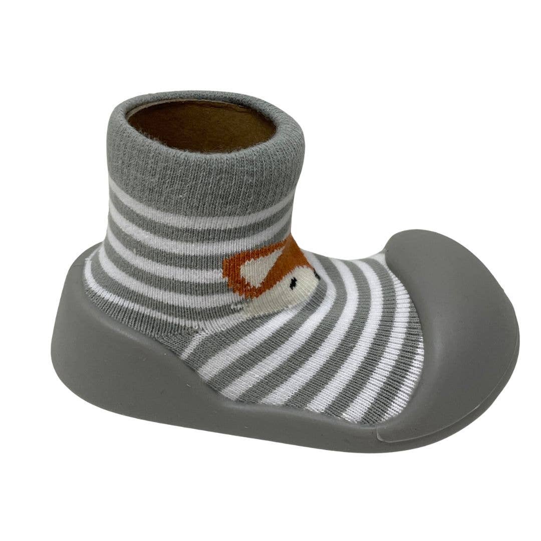 Rubber Soled Socks - Grey Stripe Fox - Tiny Tots Baby Store 