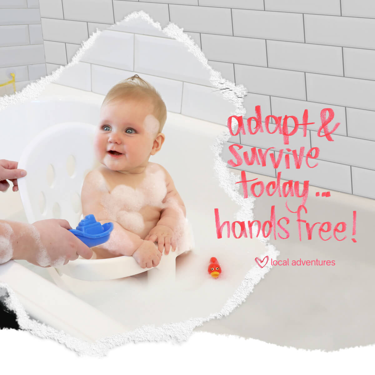 cute baby shown having a bubble bath while sitting safely supported in a phil&teds bath seat