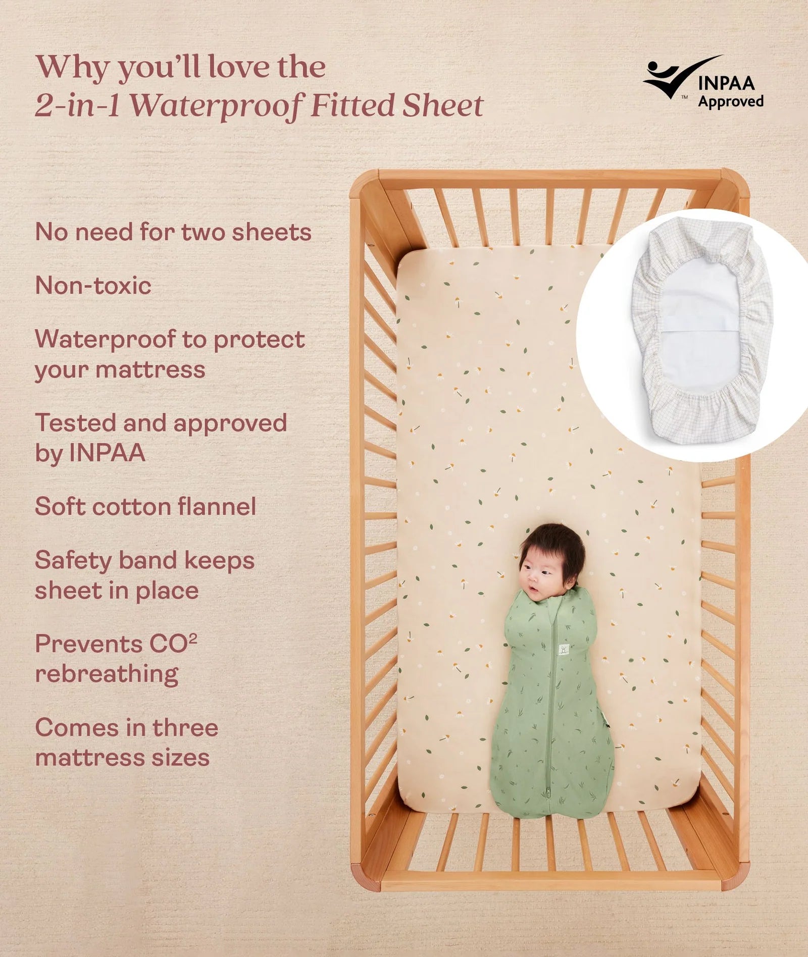 Ergopouch 2-in-1 Waterproof Fitted Sheet (Cot) Caramel Grid - Tiny Tots Baby Store 