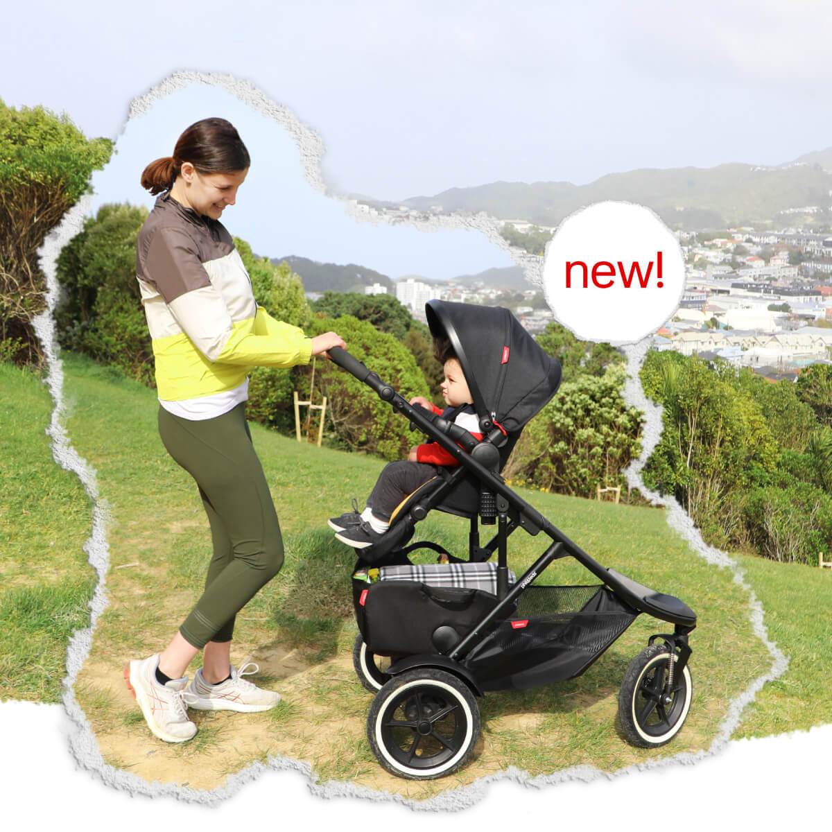 Mother and child out for a walk with child facing their parent in their phil&teds sport verso buggy