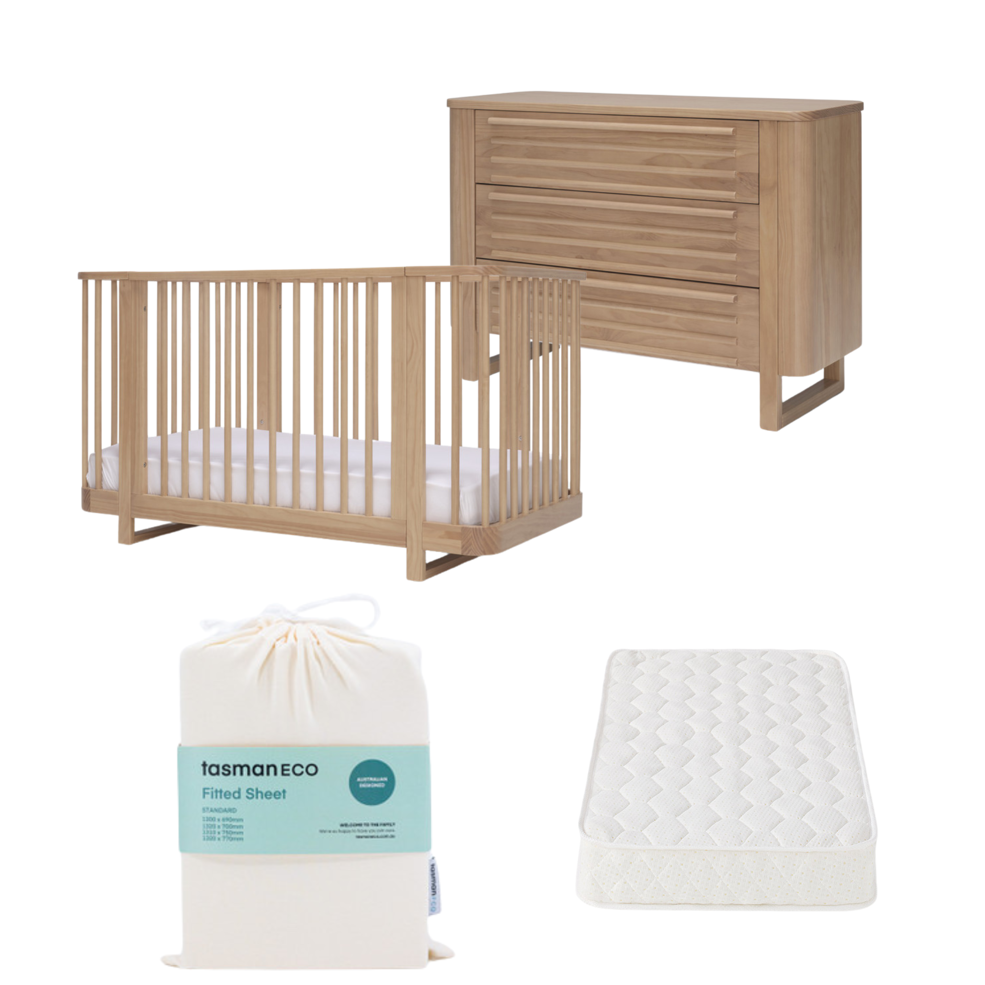 Tasman Eco Pisa Cot, Mattress and Dresser Package- Sandstone (ETA April)