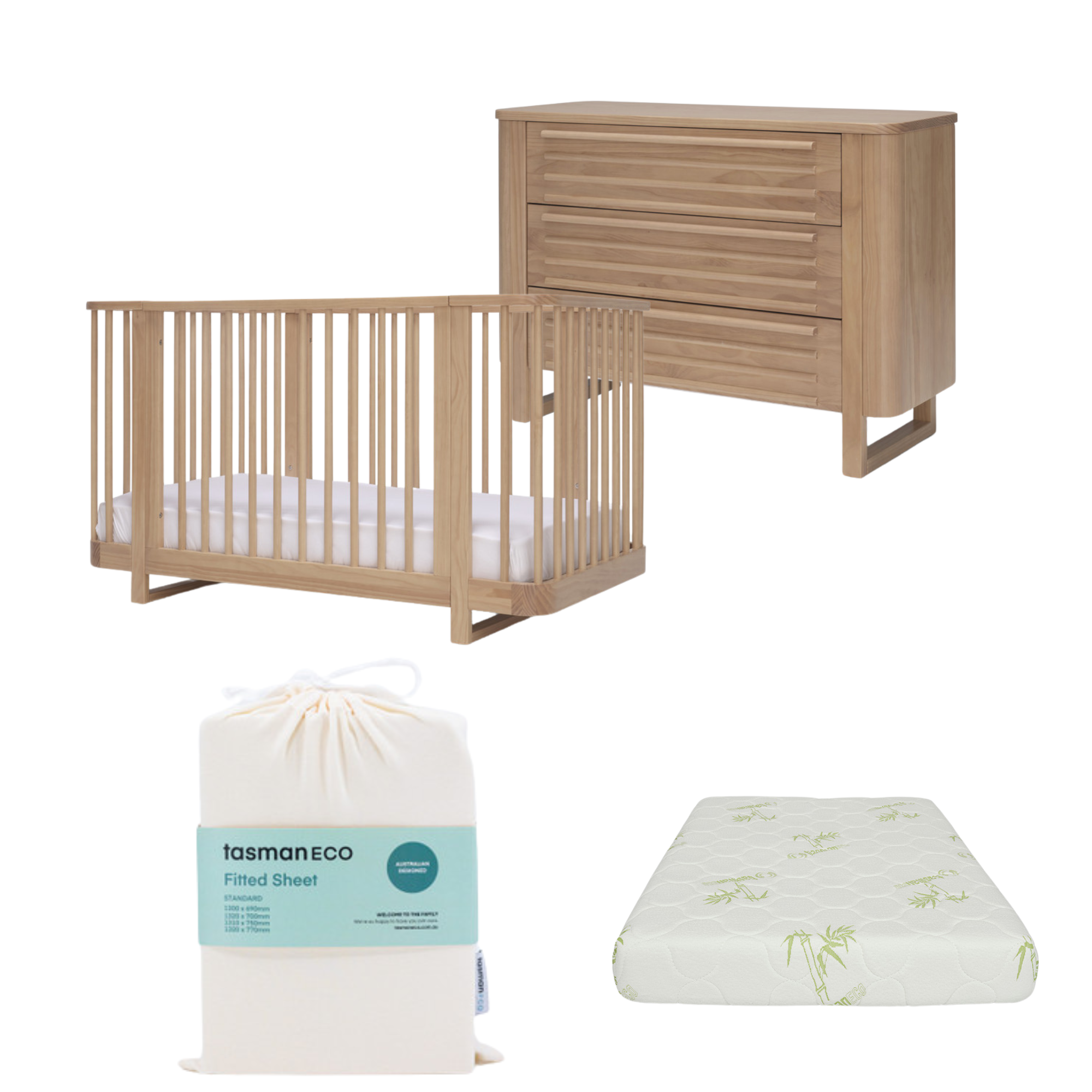 Tasman Eco Pisa Cot, Mattress and Dresser Package- Sandstone (ETA April)