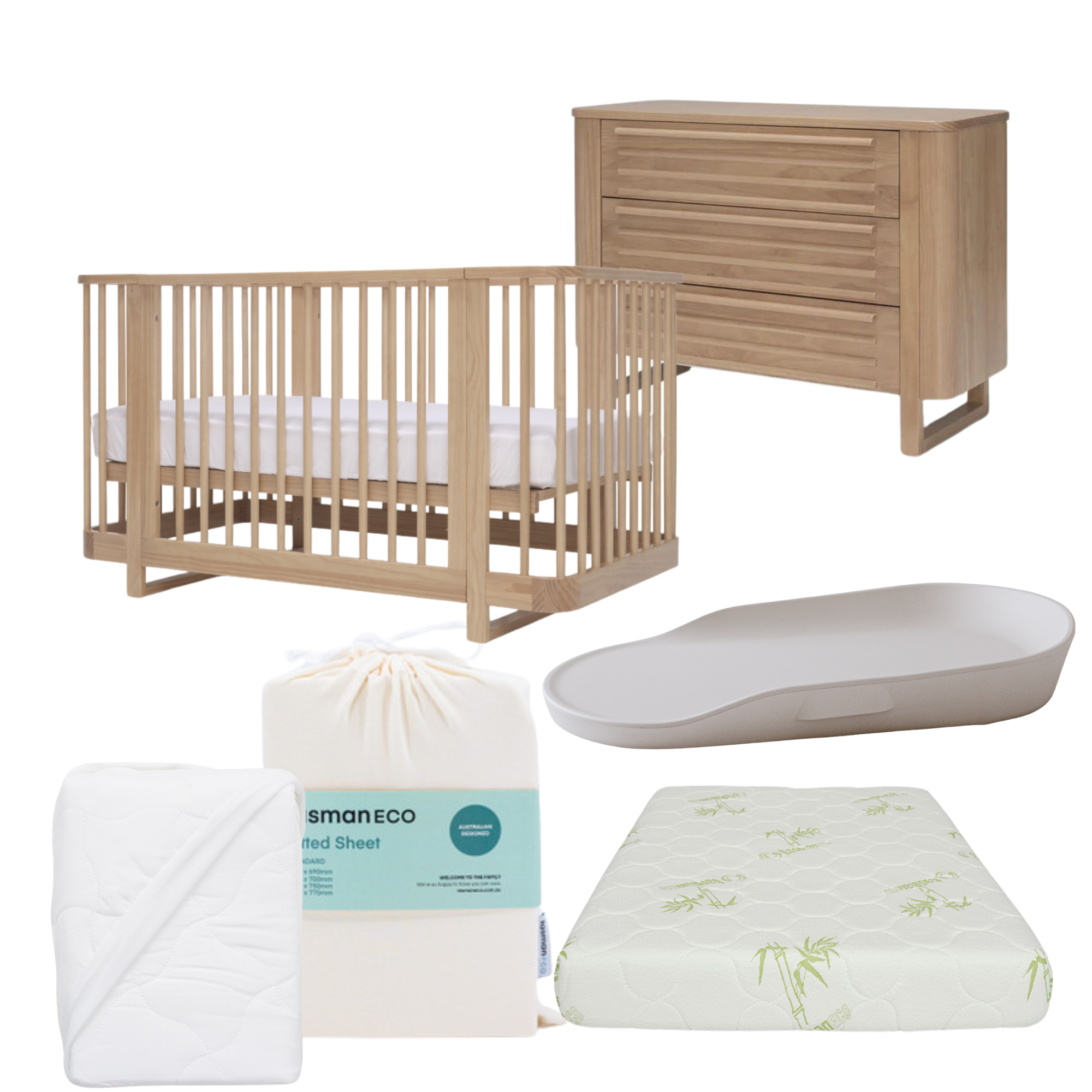 Tasman Eco Pisa Cot, Mattress and Dresser Package- Sandstone (ETA April)