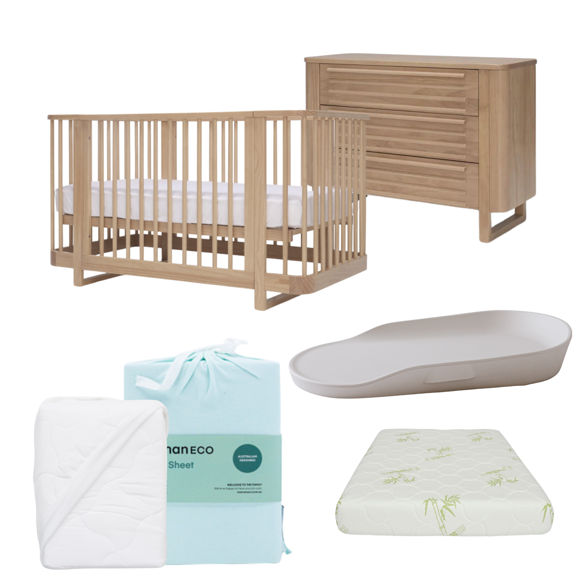 Tasman Eco Pisa Cot, Mattress and Dresser Package- Sandstone (ETA April)