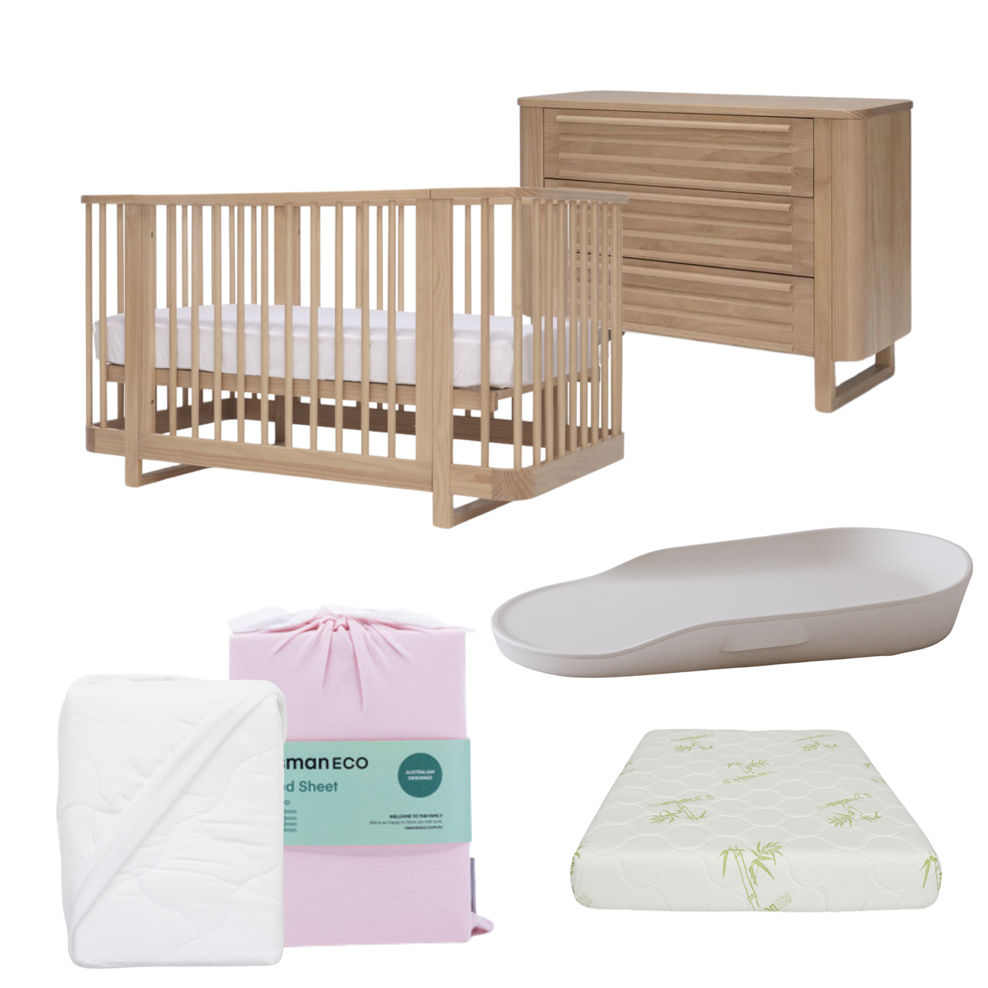 Tasman Eco Pisa Cot, Mattress and Dresser Package- Sandstone (ETA April)