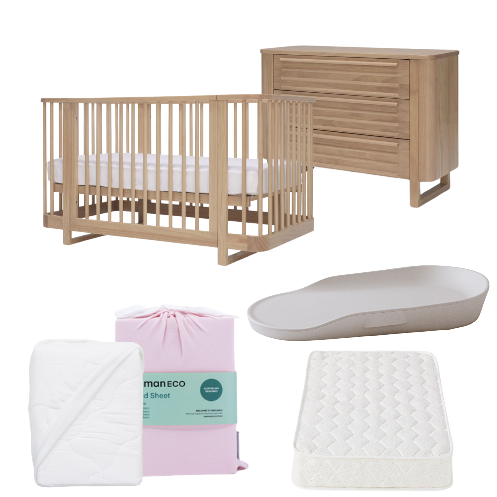 Tasman Eco Pisa Cot, Mattress and Dresser Package- Sandstone (ETA April)