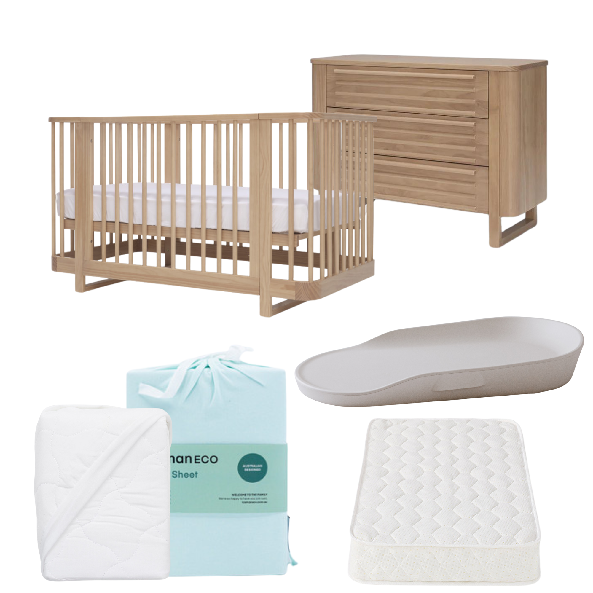 Tasman Eco Pisa Cot, Mattress and Dresser Package - WHITE - Tiny Tots Baby Store 