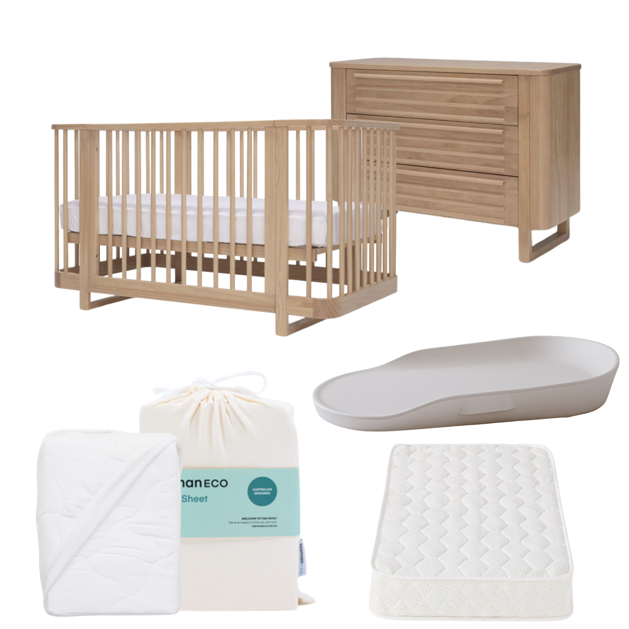 Tasman Eco Pisa Cot, Mattress and Dresser Package- Sandstone (ETA April)