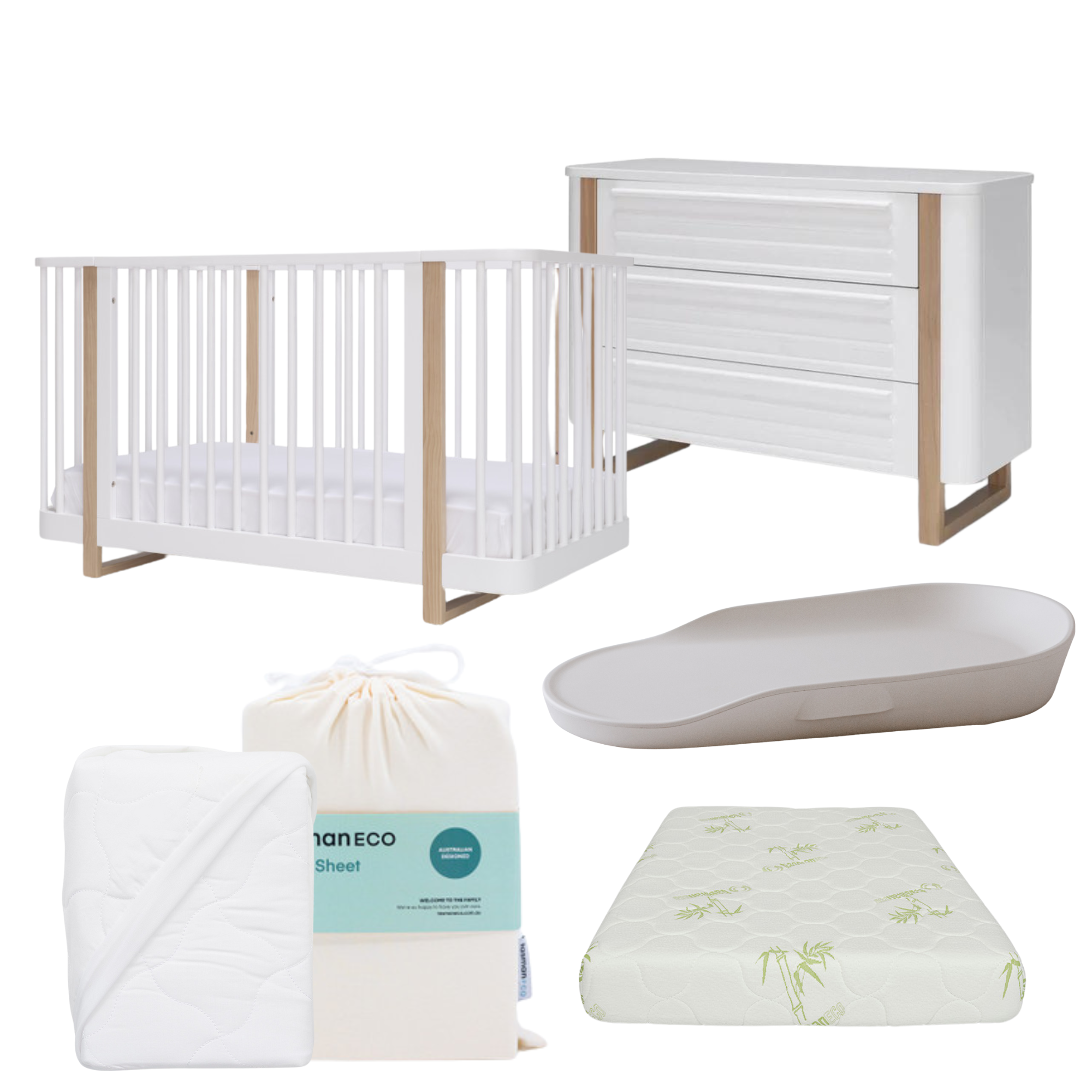 Tasman Eco Pisa Cot, Mattress and Dresser Package - WHITE - Tiny Tots Baby Store 