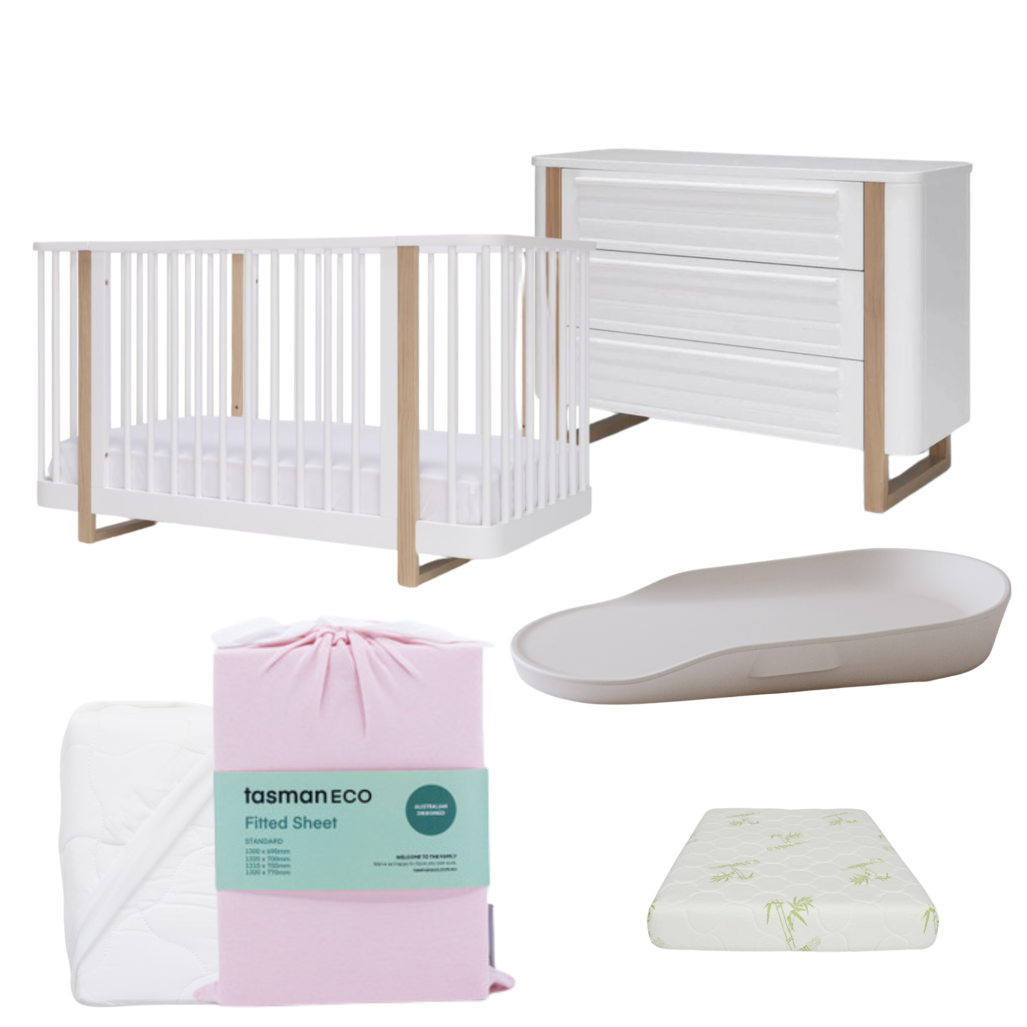 Tasman Eco Pisa Cot, Mattress and Dresser Package - WHITE