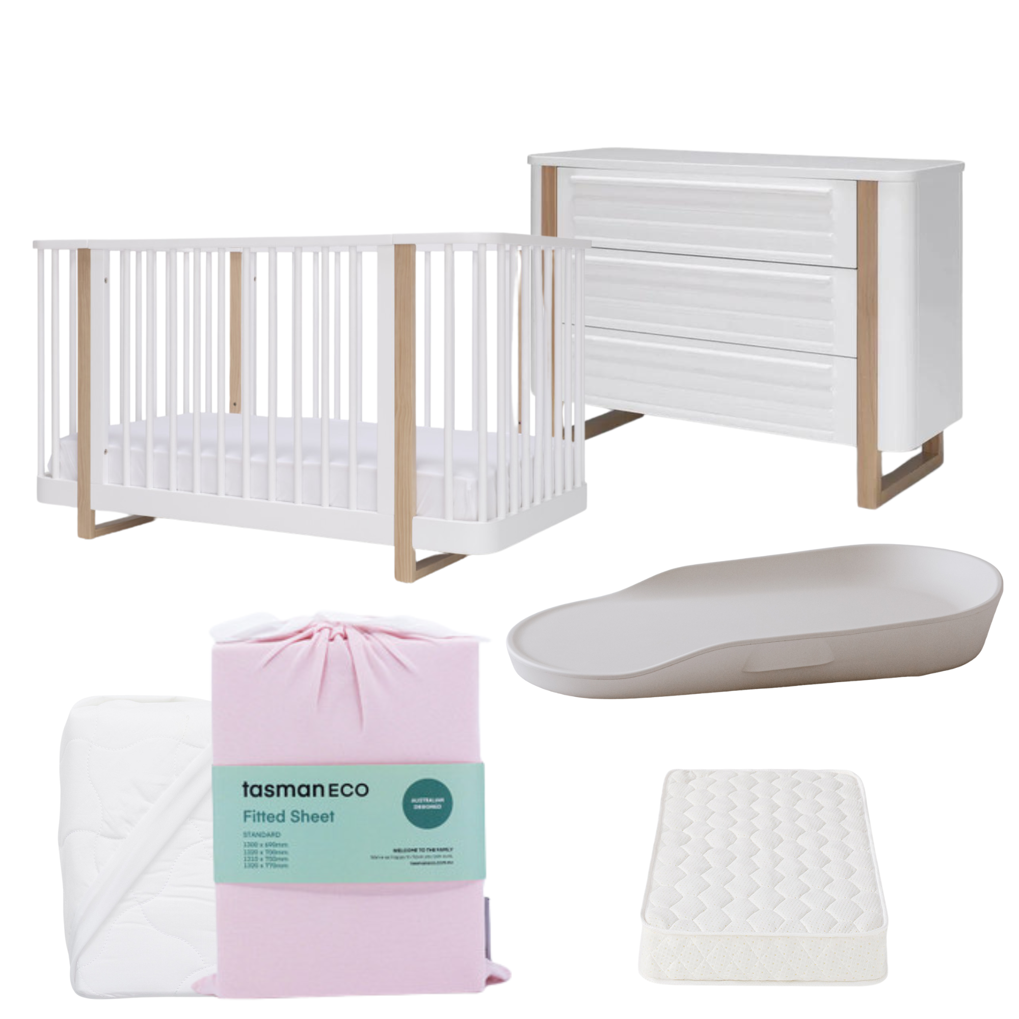 Tasman Eco Pisa Cot, Mattress and Dresser Package - WHITE - Tiny Tots Baby Store 