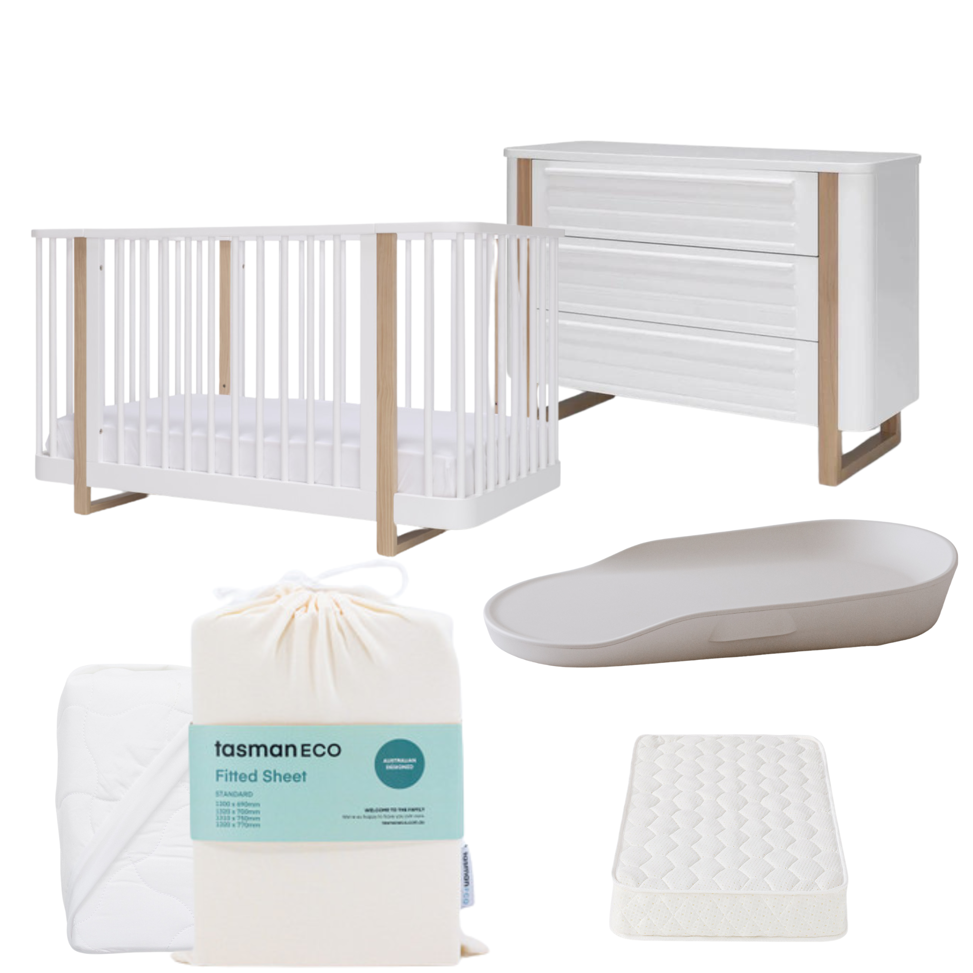 Tasman Eco Pisa Cot, Mattress and Dresser Package - WHITE - Tiny Tots Baby Store 