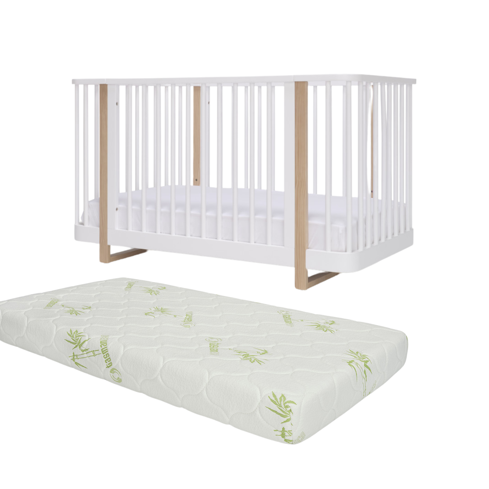 Tasman Eco Pisa Cot & Mattress Package-White & Sandstone