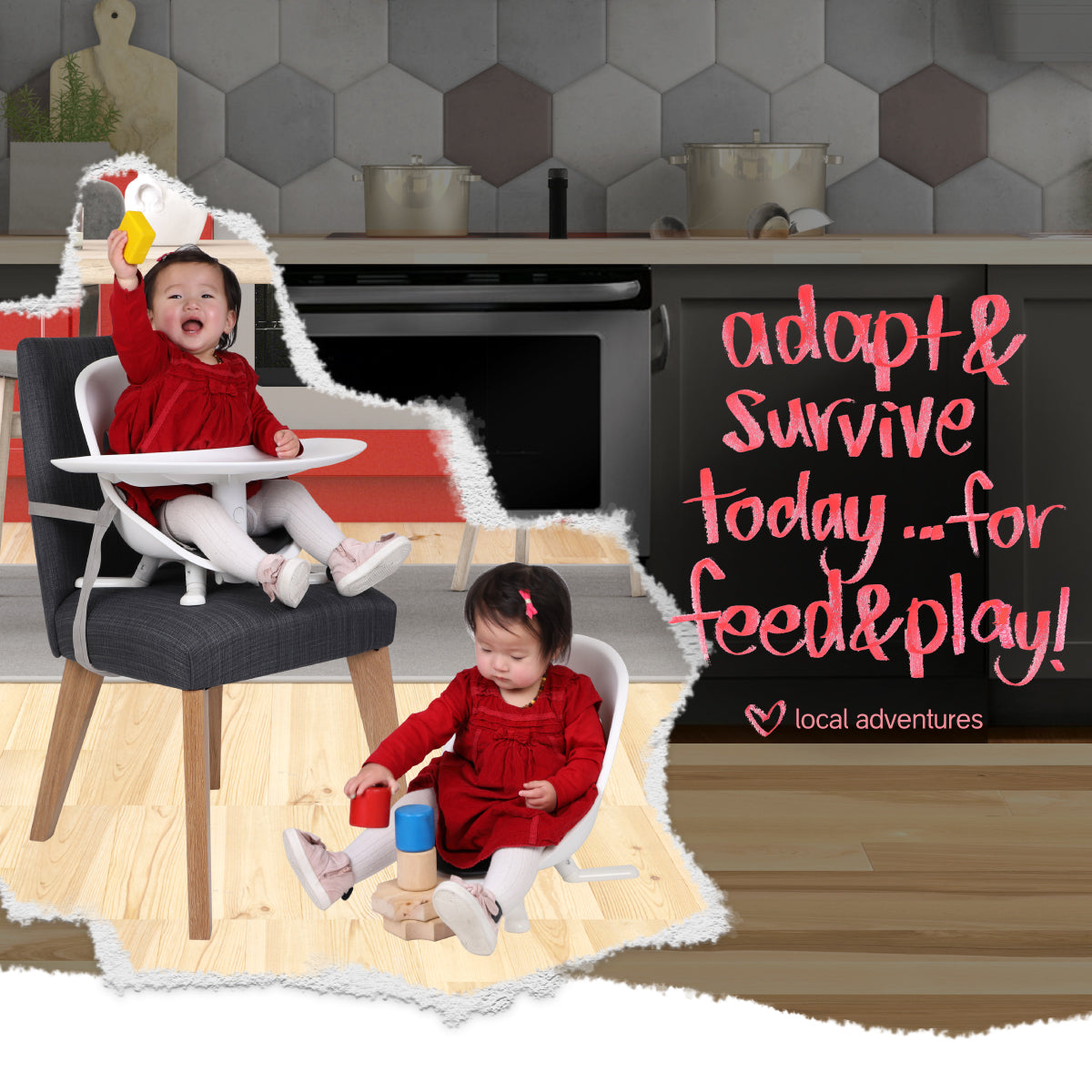 two kids showing the versatile adaptability of the poppy modes kit, allowing attachment to a dining chair or converting to a floor seat for your baby