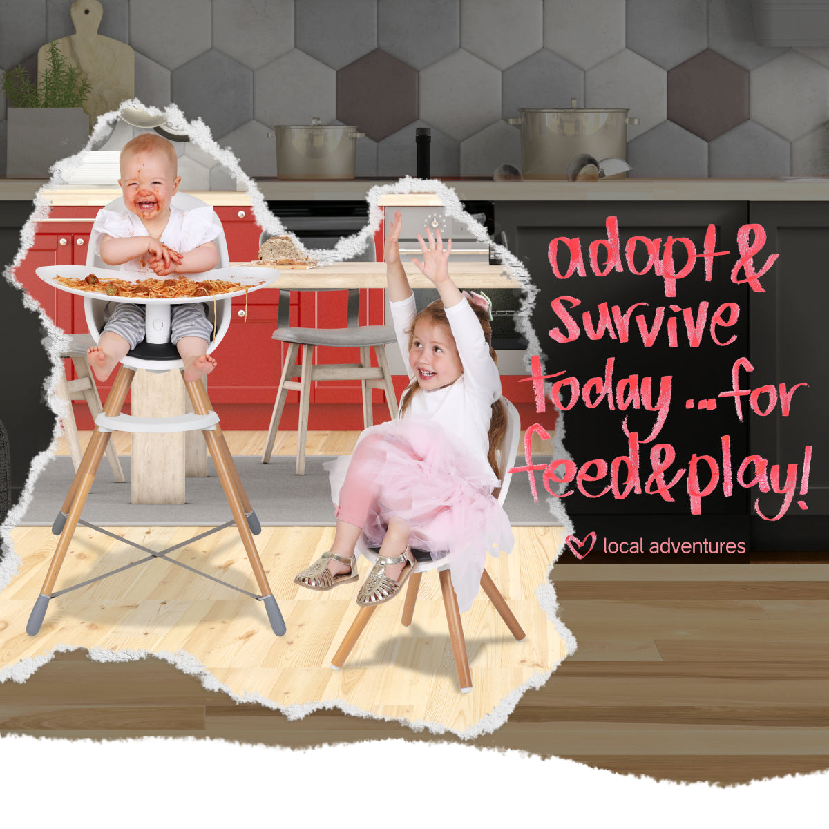 two cute kids showing high chair and my chair mode for the phil&teds poppy wooden legs high chair