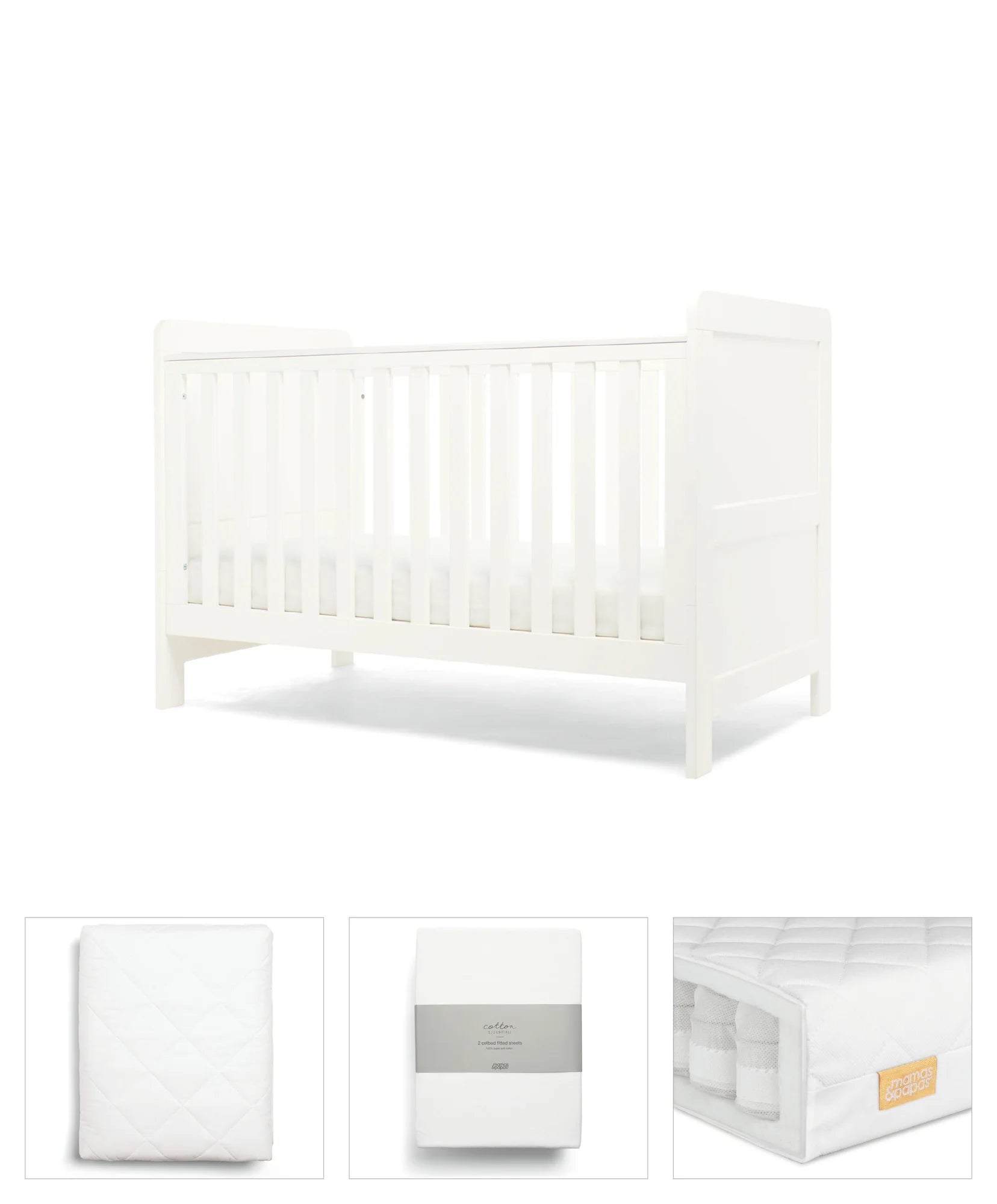 Mamas & Papas Hampden 4 Piece Set with Cotbed, Mattress, Fitted Sheets & Mattress Protector - White (ETA Mid Jan)