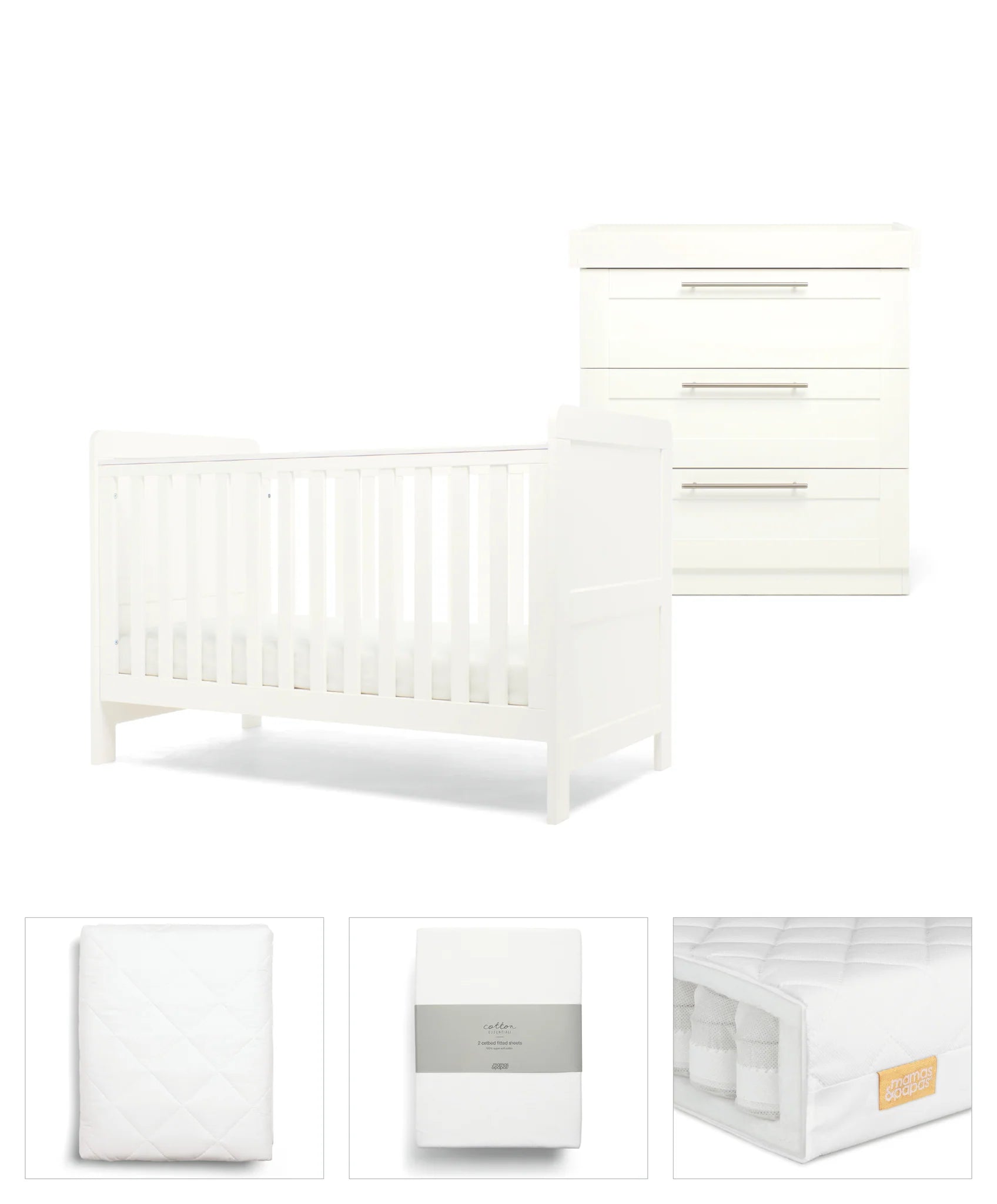 Hampden 5 Piece Set with Cotbed, Dresser Changer, Mattress, Fitted Sheets & Mattress Protector - White (ETA Mid Jan) - Tiny Tots Baby Store 