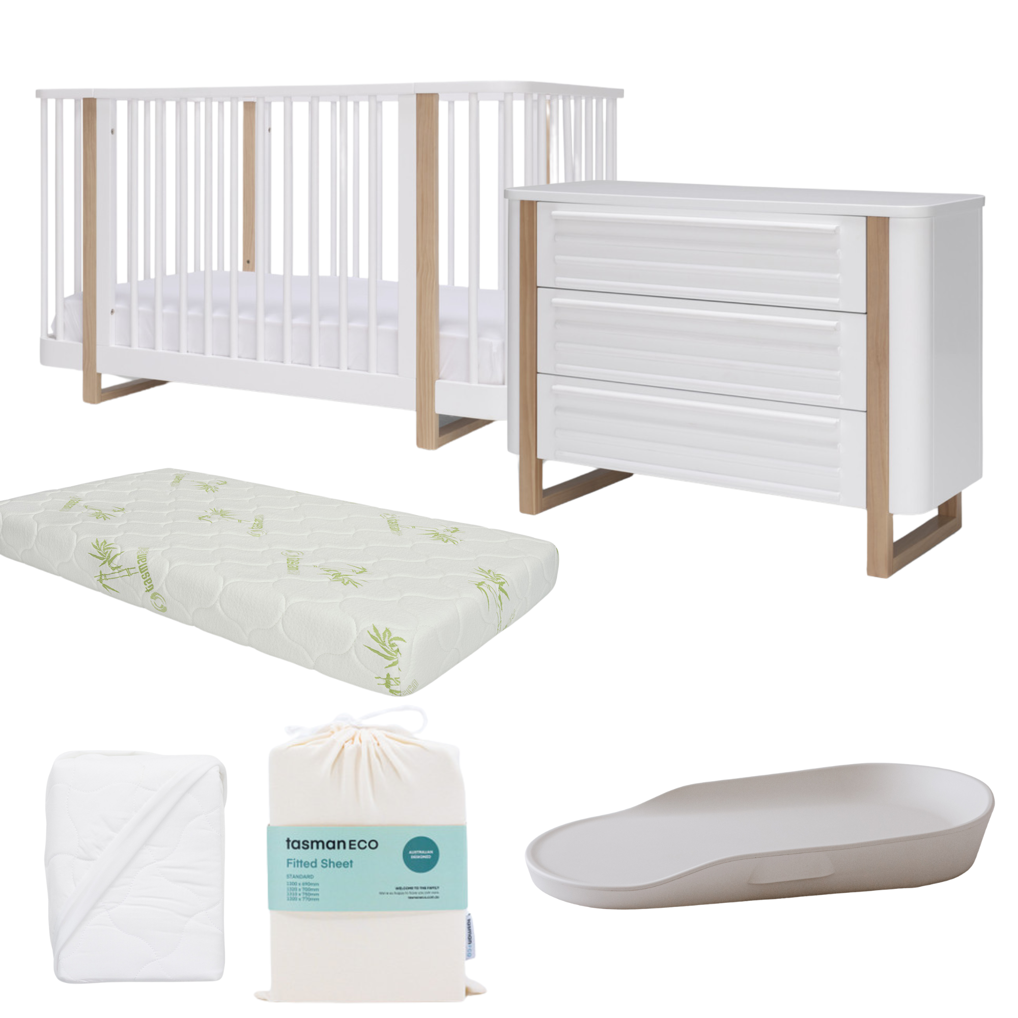 Tasman Eco Pisa Cot, Mattress and Dresser- WHITE