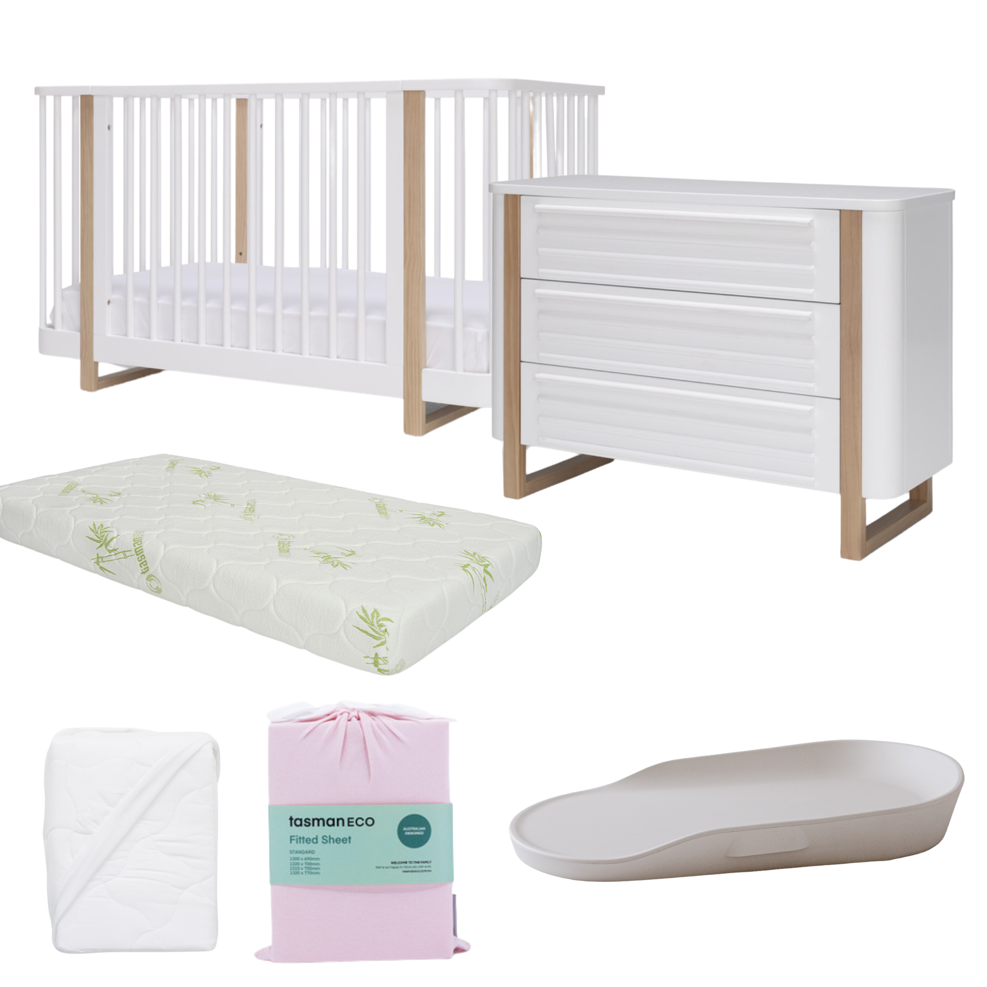 Tasman Eco Pisa Cot, Mattress and Dresser- WHITE