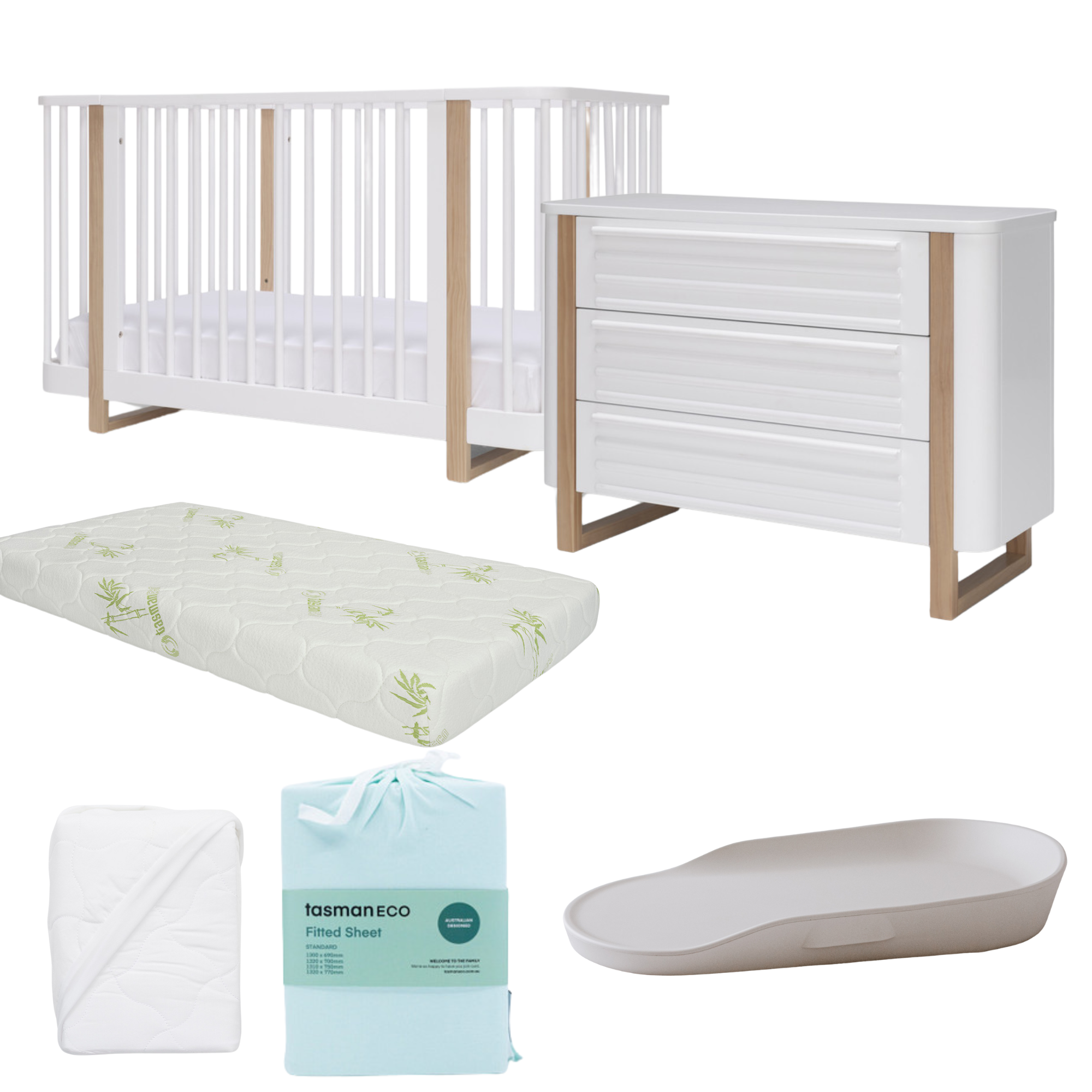 Tasman Eco Pisa Cot, Mattress and Dresser- WHITE