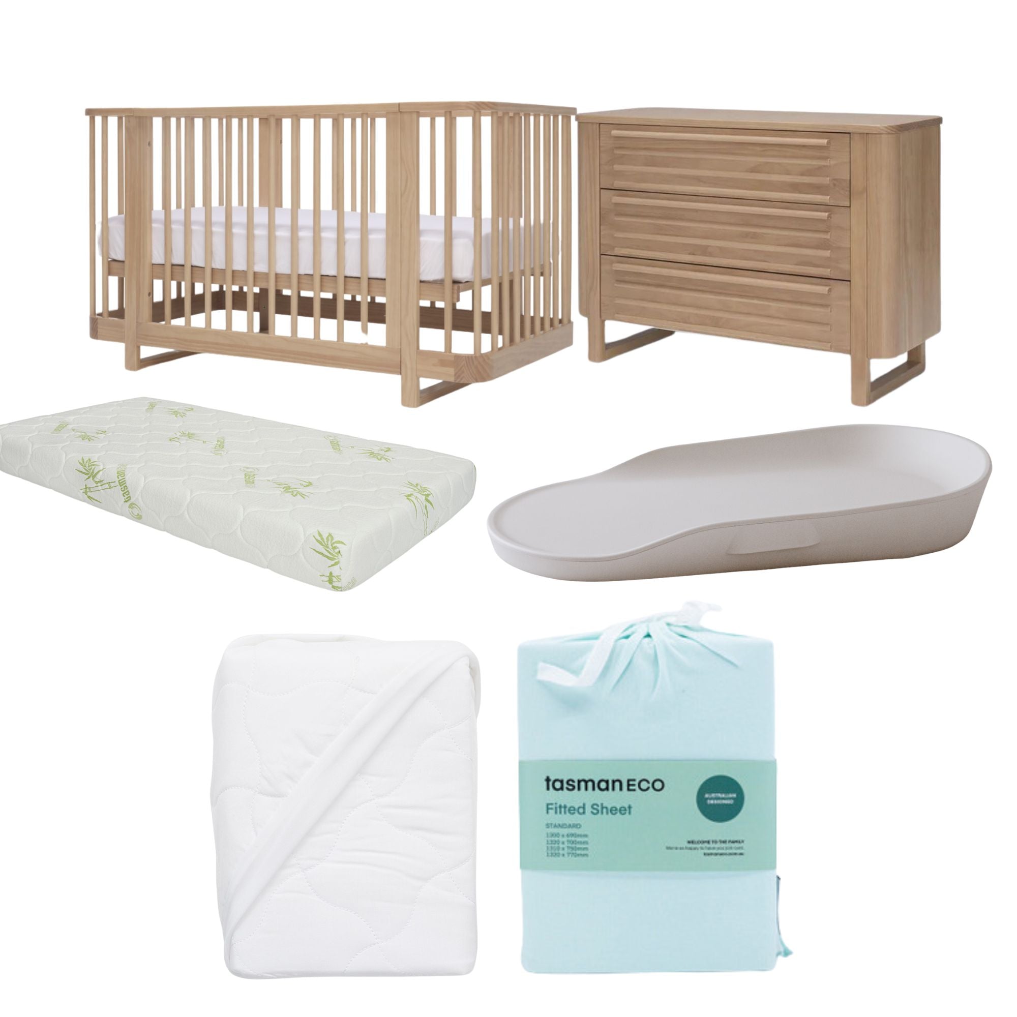 Tasman Eco Pisa Cot, Mattress and Dresser- Sandstone Complete Tasman Package (ETA Jan) - Tiny Tots Baby Store 