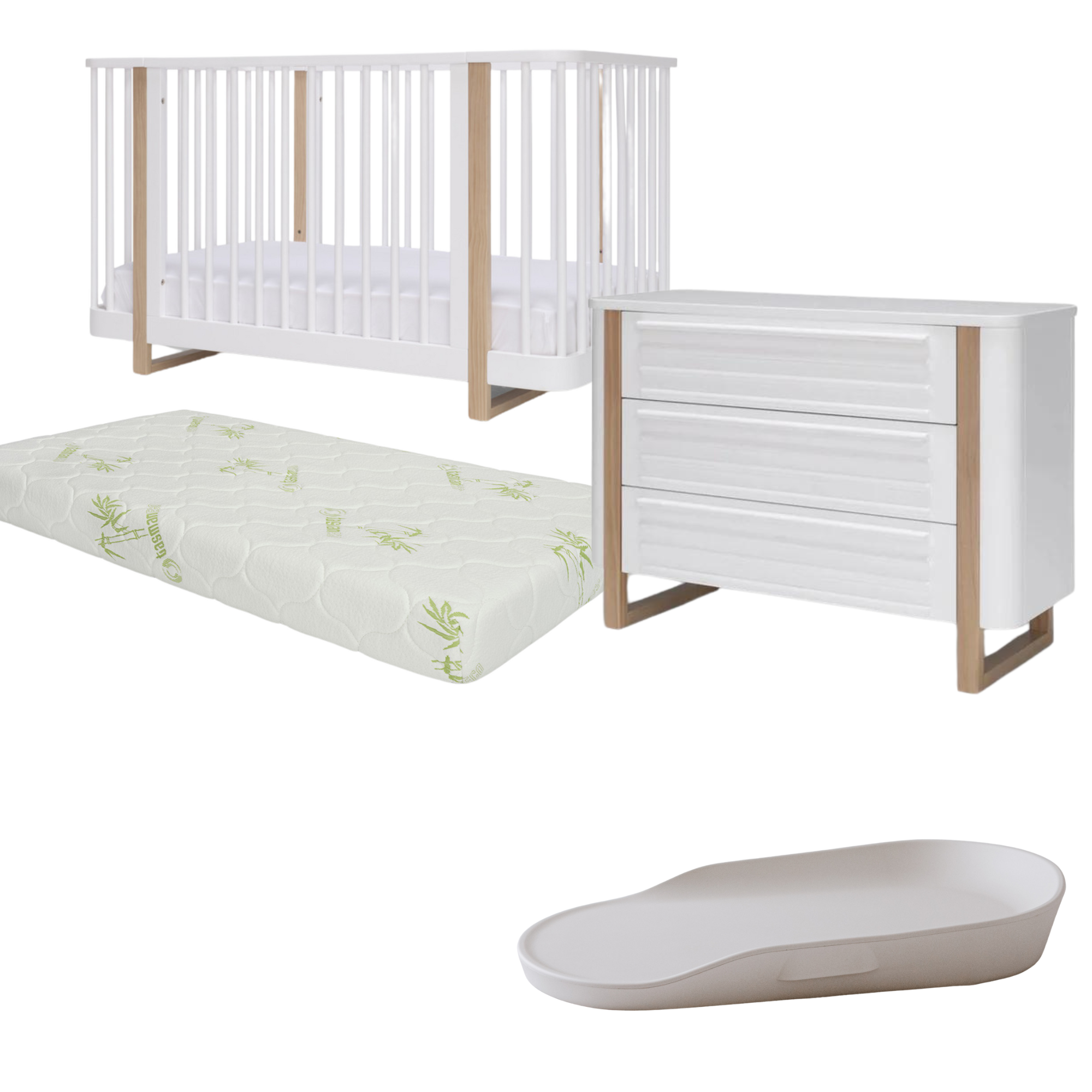 Tasman Eco Pisa Cot, STANDARD Mattress and Dresser-White and Sandstone (FREE Touzy* change mat ends 31/12)