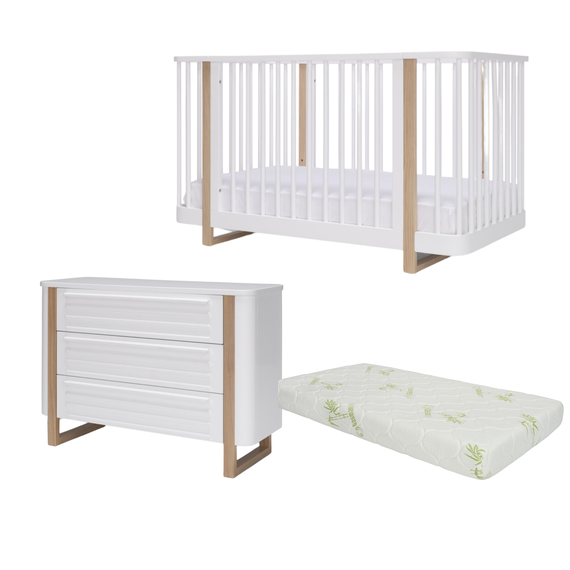 Tasman Eco Pisa Cot, Mattress and Dresser-White and Sandstone( ETA Late Jan) - Tiny Tots Baby Store 