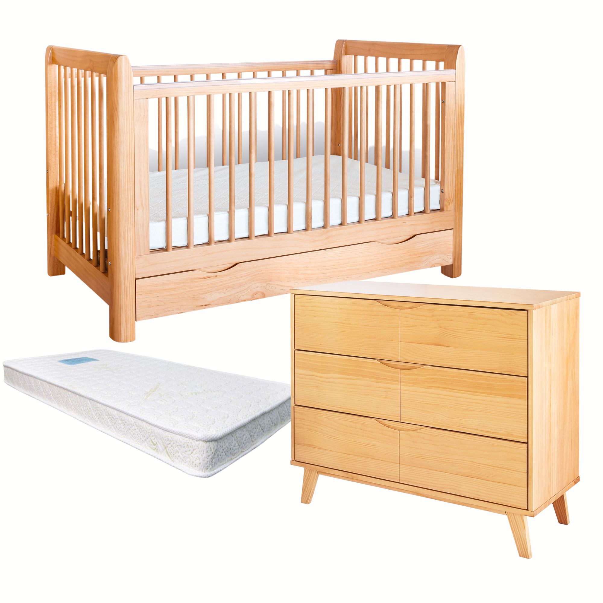 Sweet Pea Ollie cot and Ollie 3drawer chest and Luxury pocket spring mattress( ETA Mid Jan)