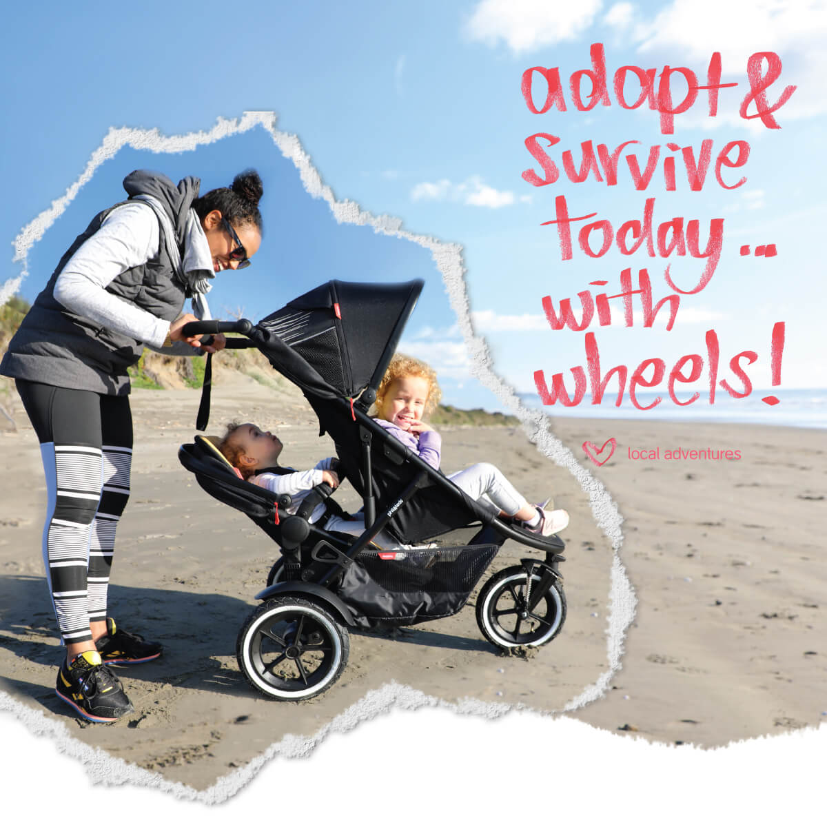 sporty mum at the beach with two toddlers sitting in sport inline buggy | philandteds.com