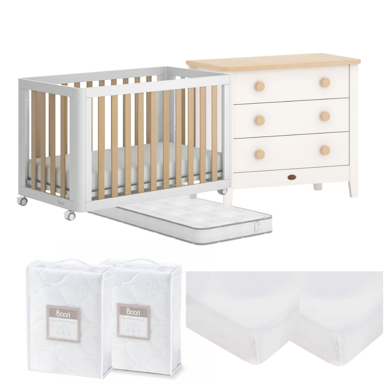 Boori Turin Compact Cot 7 PC Package with Universal 3 Drawer Chest - Tiny Tots Baby Store 