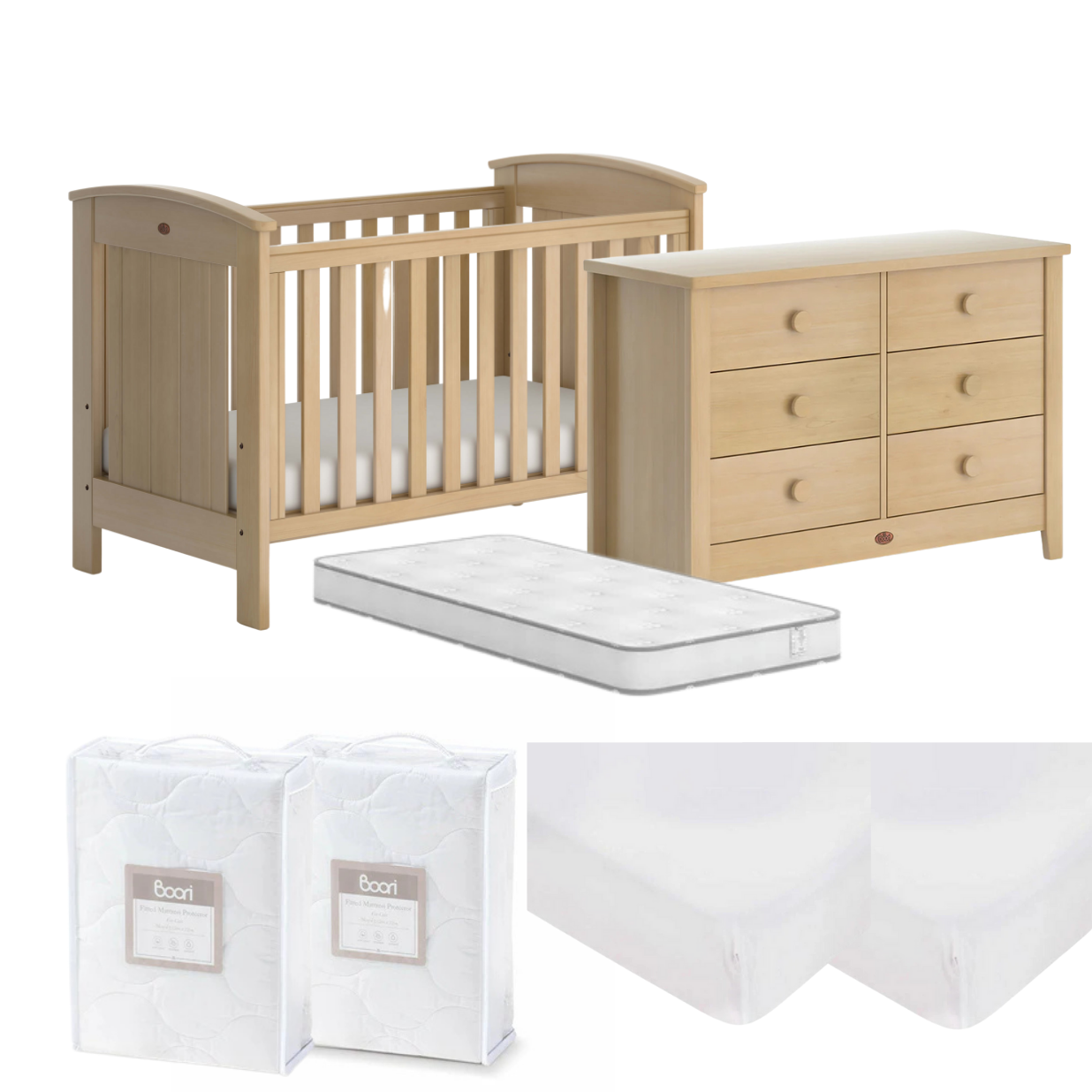 Boori Casa Baby Cot 7 PC Nursery Package with 6 Draw Chest - Tiny Tots Baby Store 