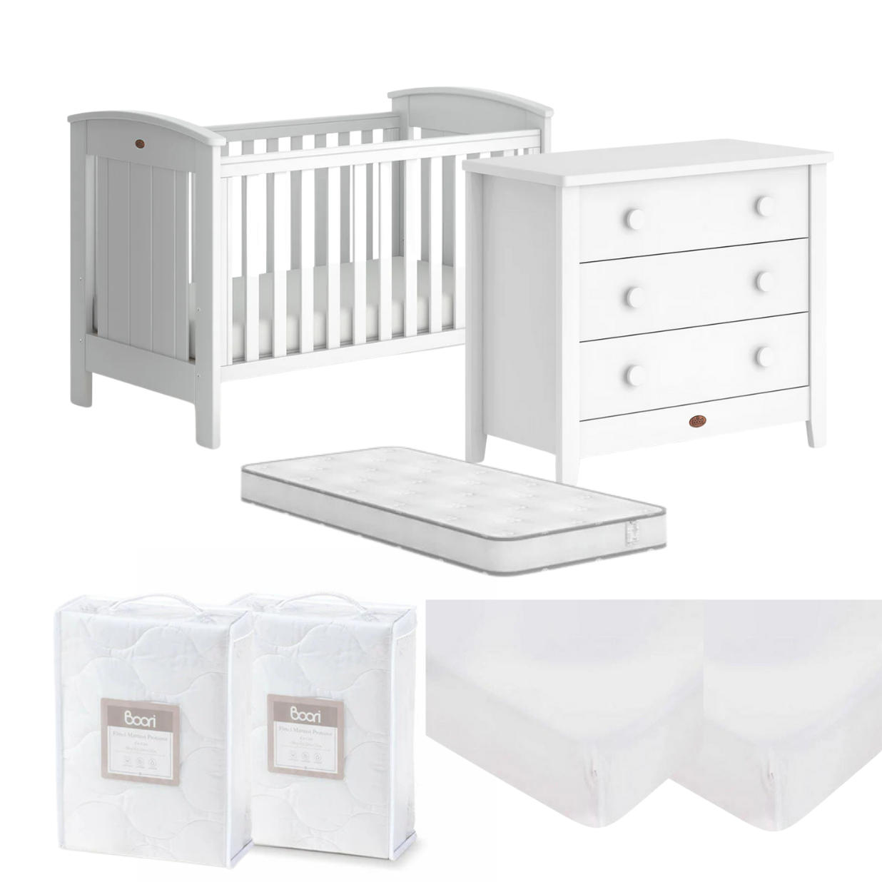 Boori Casa Baby Cot 7 PC Nursery Package with Universal 3 Drawer Chest - Tiny Tots Baby Store 