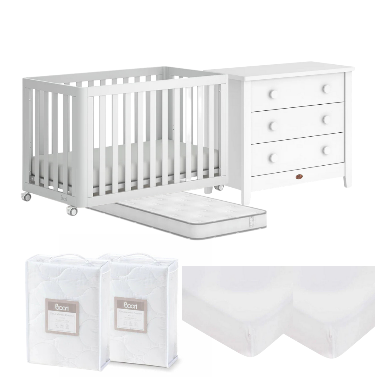 Boori Turin Compact Cot 7 PC Package with Universal 3 Drawer Chest - Tiny Tots Baby Store 