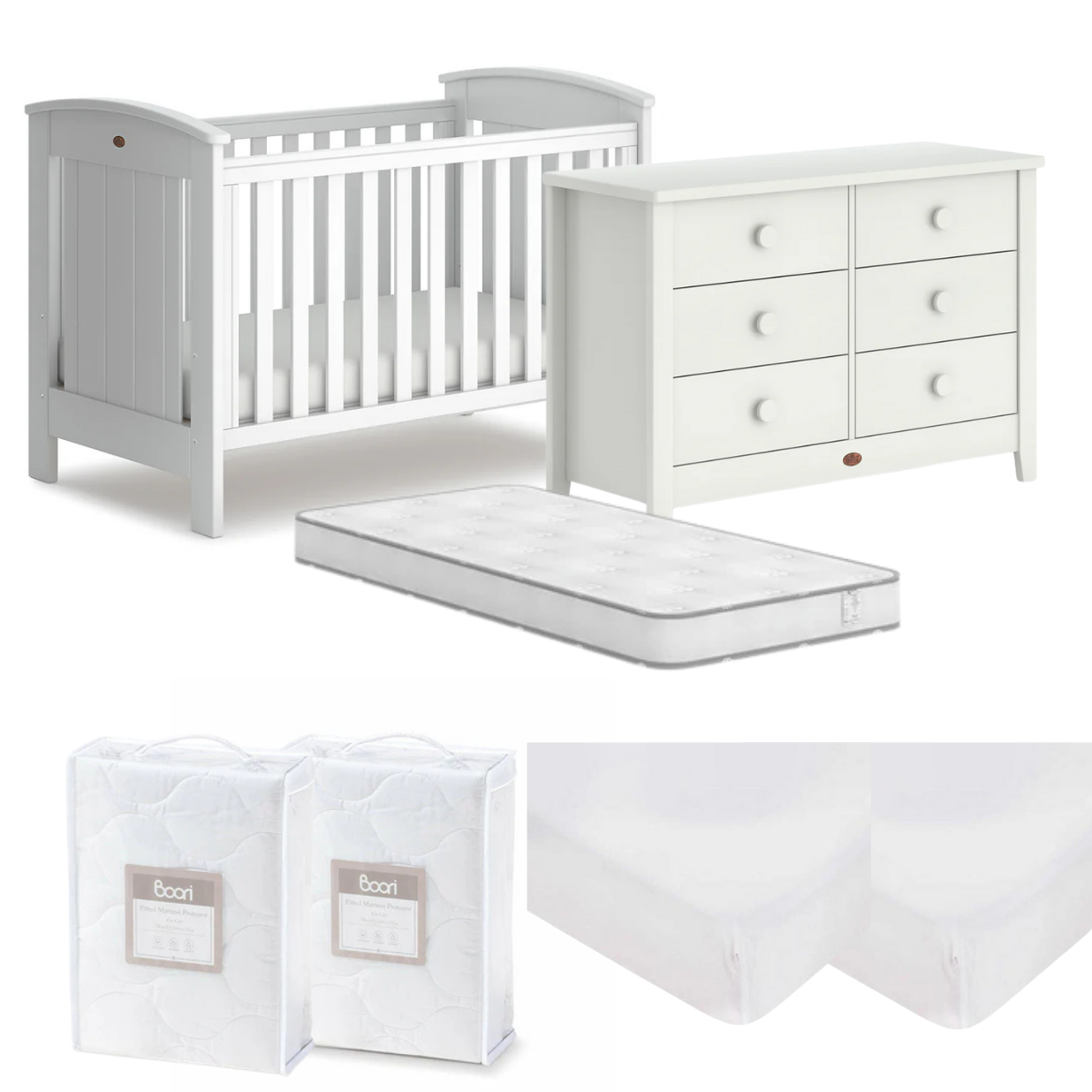 Boori Casa Baby Cot 7 PC Nursery Package with 6 Draw Chest - Tiny Tots Baby Store 