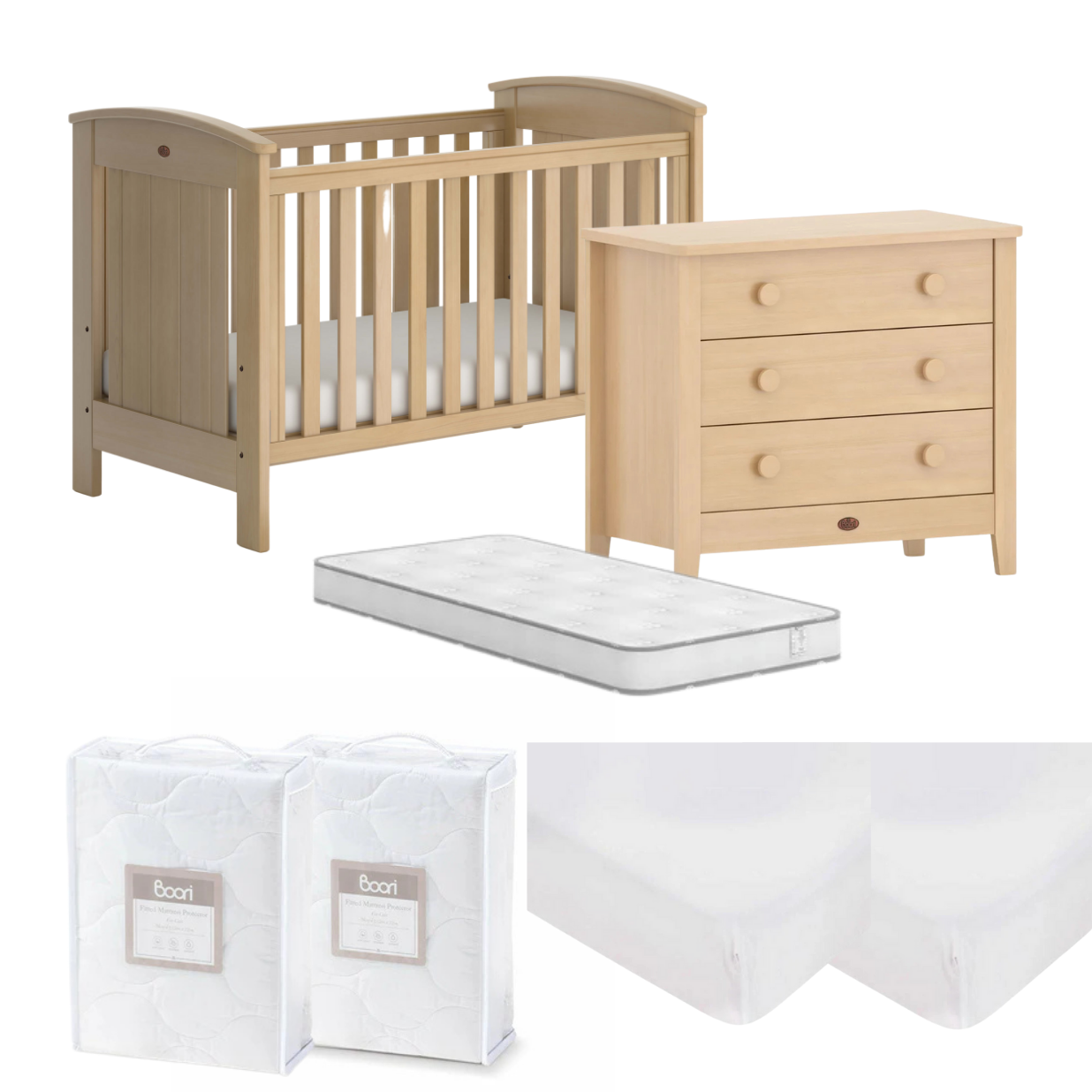 Boori Casa Baby Cot 7 PC Nursery Package with Universal 3 Drawer Chest - Tiny Tots Baby Store 