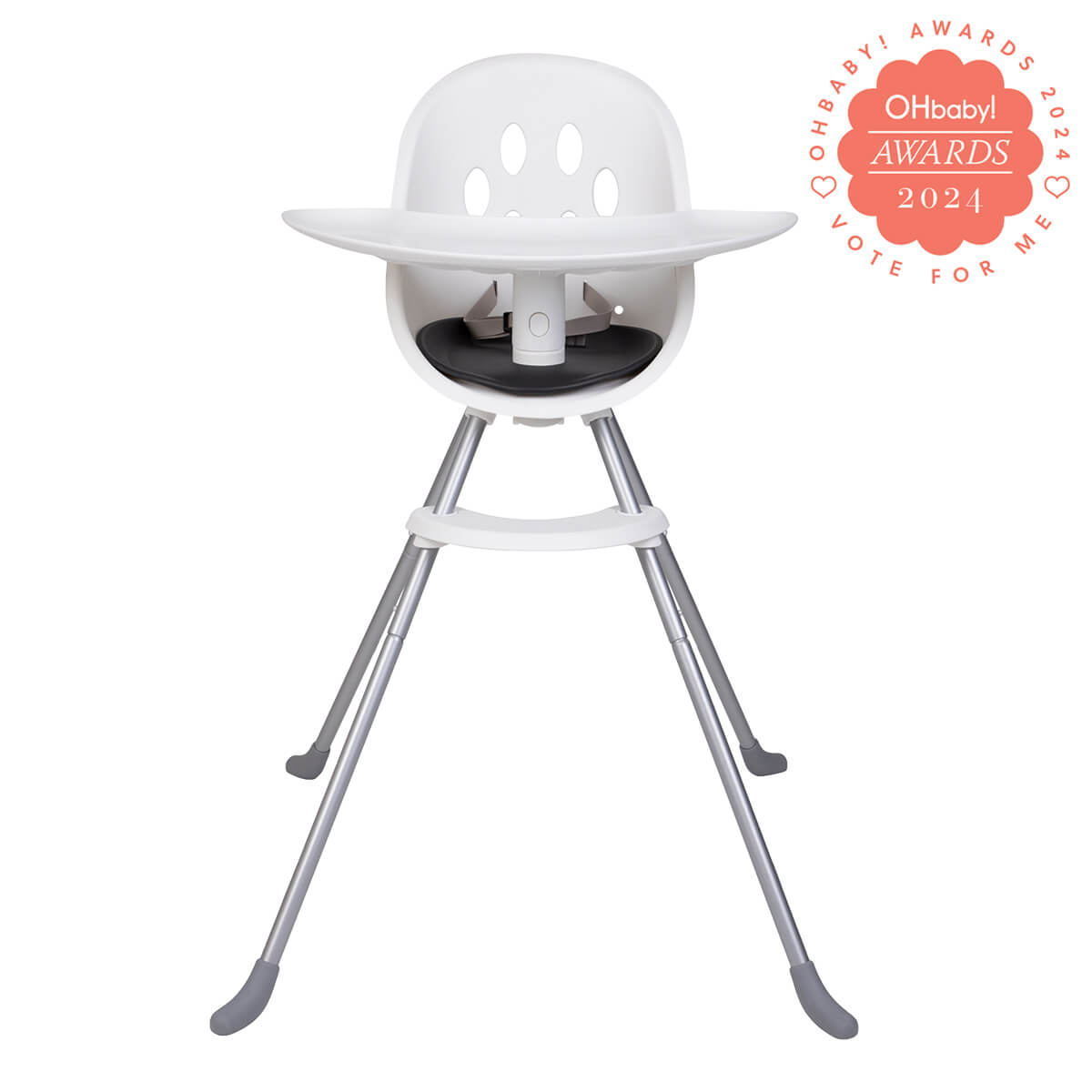 front view of poppy metal modular highchair for child feeding time - highchair to mychair for big kids -OHbaby award nominee badge_black seat liner