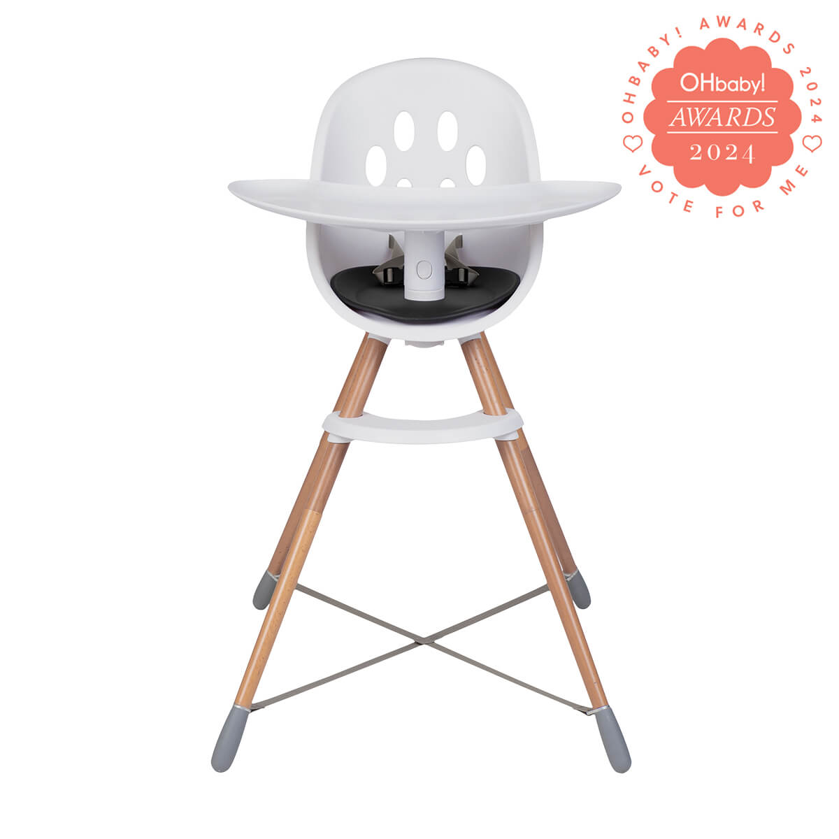 front view of poppy wood modular highchair for child feeding time - highchair to mychair for big kids -OHbaby award nominee badge_black seat liner