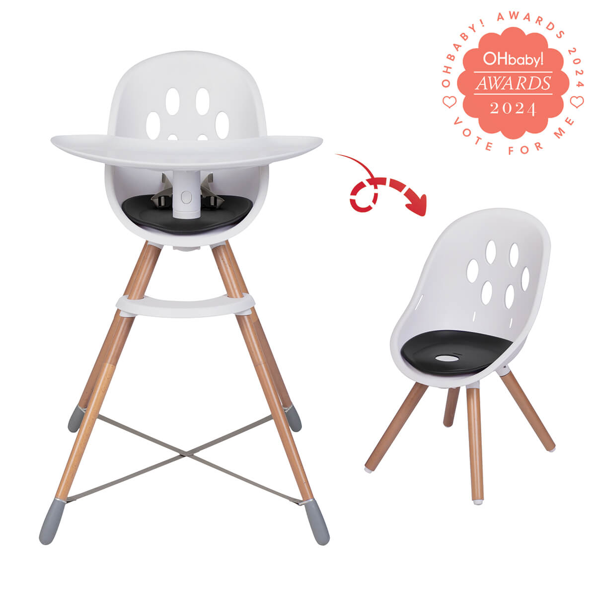 front view of poppy wood modular highchair for child feeding time - highchair to my chair for big kids - OHbaby award nominee badge_black seat liner